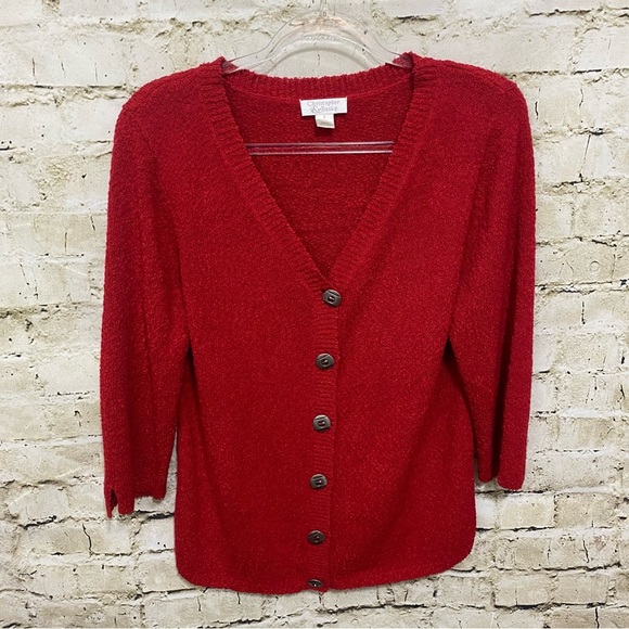 Christopher & Banks Red Knobby Knit V Neck 3/4 Sleeve Cardigan - Picture 1 of 6